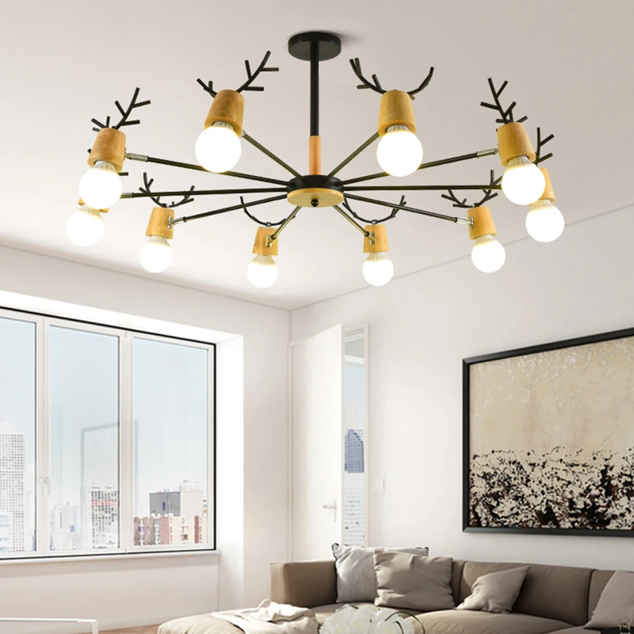 Деревянный потолочный светильник в виде лося скандинавский винтажный