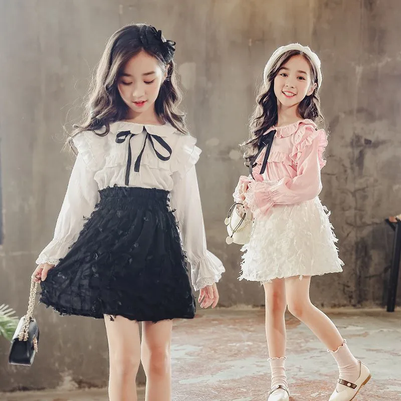 Комплект детской одежды для девочек рубашка + сетчатая юбка повседневный