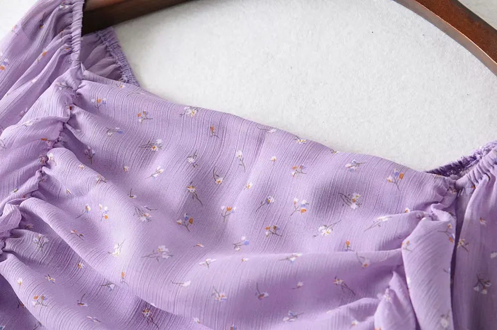 Винтажные шифоновые Фиолетовые женские платья Bazaleas с цветочным принтом рюшами