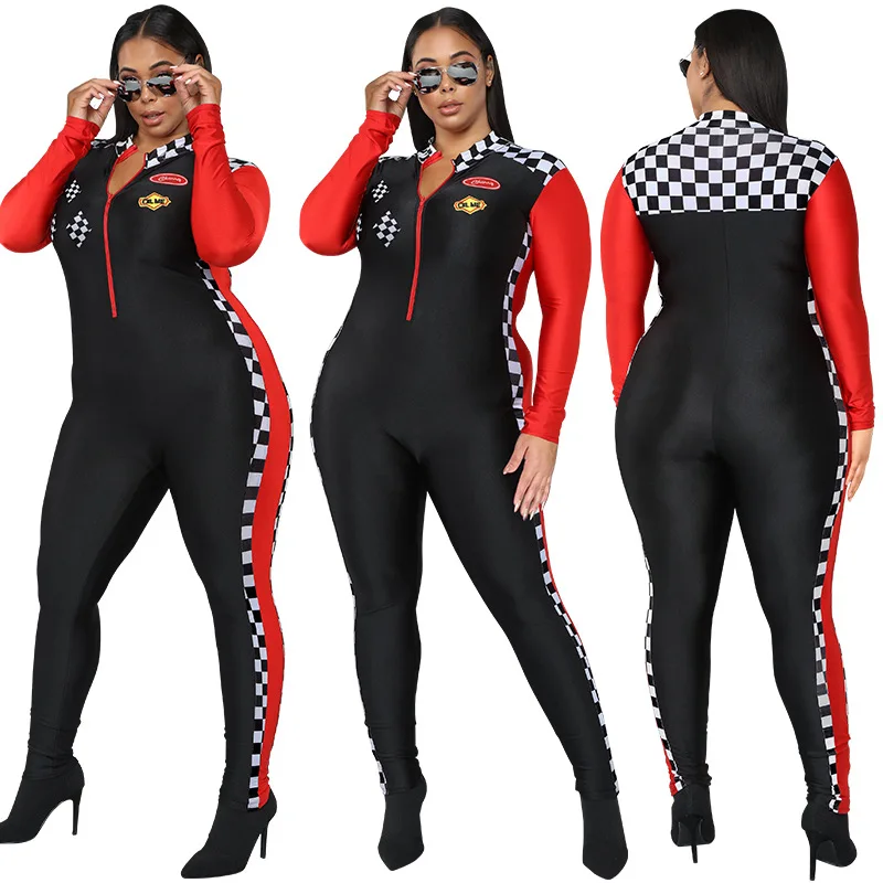 

2022 New Plus Size Plaid Women Sport Rompers Contrast Colors Printing Long Sleeve Zipper Skinny One Piece Jumpsuits Outfits i