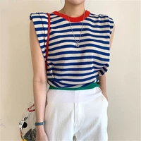 korean color blocked casual fashion o neck tees temperament 2021 summer new women padded shoulder striped knitted tshirts tops