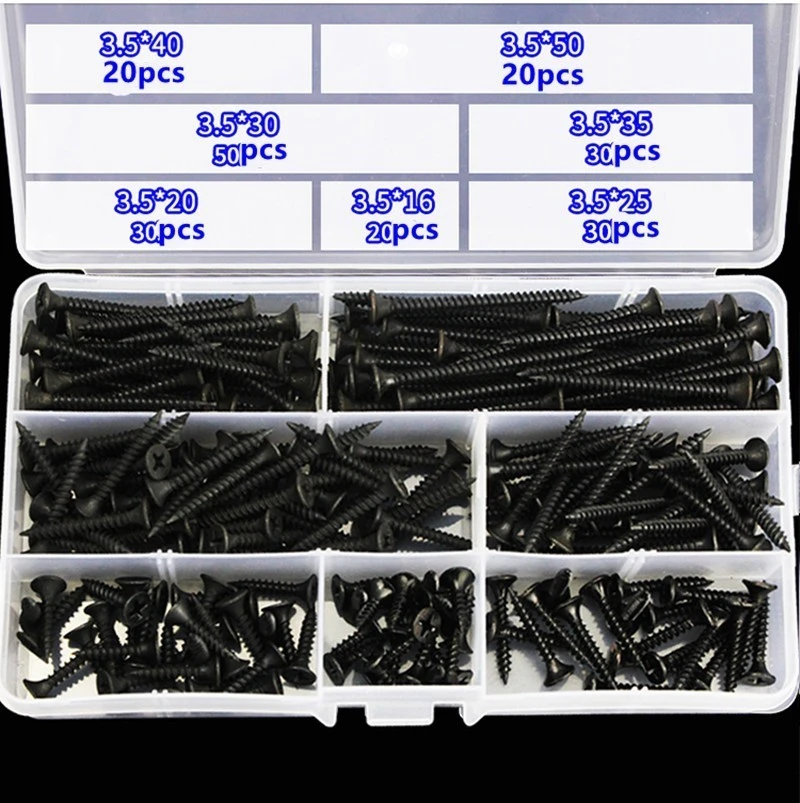 200pcs/set Drywall Screw M3.5 Wood Screws Counter Sunk Flat Head Tapping Screws with Cross Recessed Carbon Steel Philips Screws