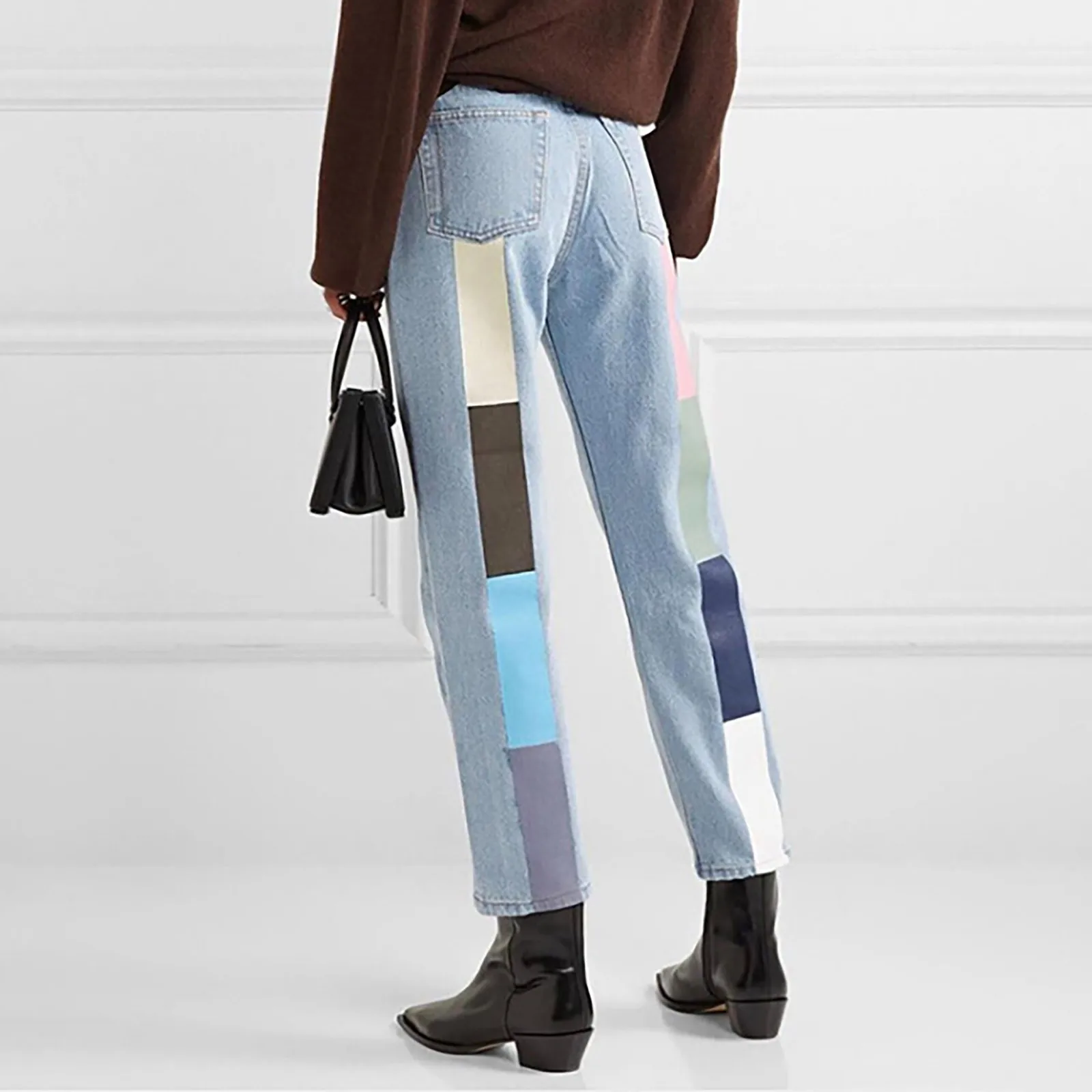 

Fashion Women's High Waist Slim Straight Leg Streetwear Washed Patchwork Denim Pants Casual Jeans Trousers Pantalones Mujer#g3