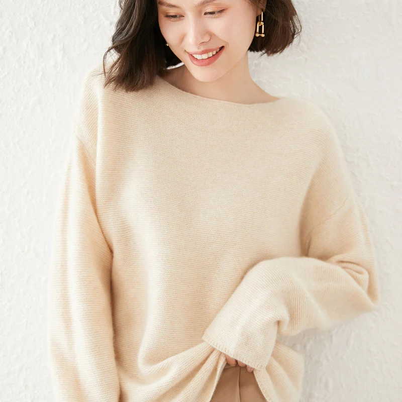 100% Pure Wool Sweater Women's One-Neck Sweater For Fall/Winter New Style Loose Thick Cashmere Top Self-Cultivation Base Knittin