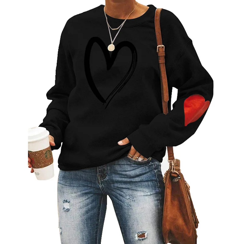 

Top Women Hoodie Print Heart Clothing Spring Causal O Neck Long Sleeve Sweatshirt Pullover Bottoming