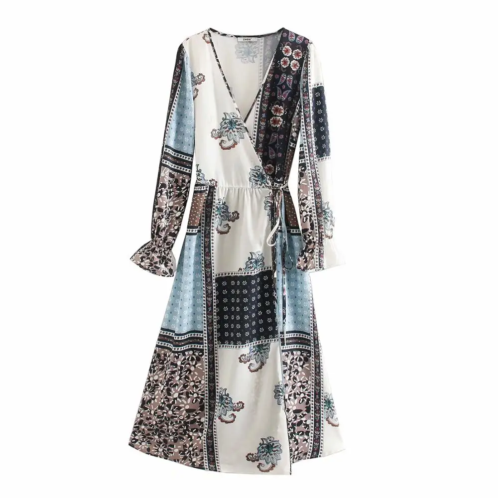 2020 женское винтажное лоскутное платье с принтом Повседневное средней длины в