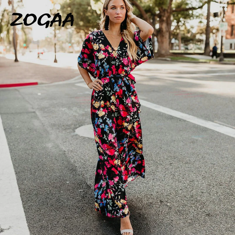 Женское длинное платье с цветочным принтом ZOGAA винтажное макси v-образным вырезом