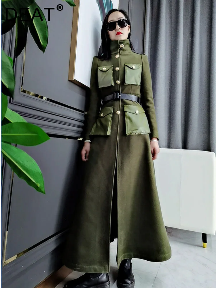 

Женское шерстяное пальто до колен DEAT, зеленое пальто с широкой талией и отложным воротником, сезон осень-зима 2021