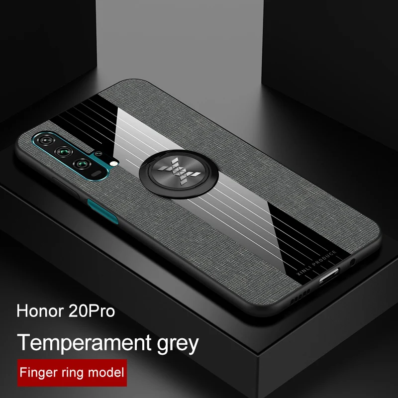 grey case and ring Чехол для huawei honor 20 Pro, роскошная жесткая ткань с кольцом, магнитный штатив, тонкая защитная задняя крышка для huawei honor 20 20pro honor 20 - Color: grey case and ring