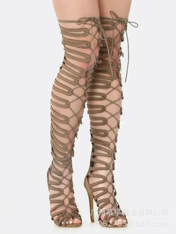 

New solid sheep cut out cross strap knee high boots stage boots