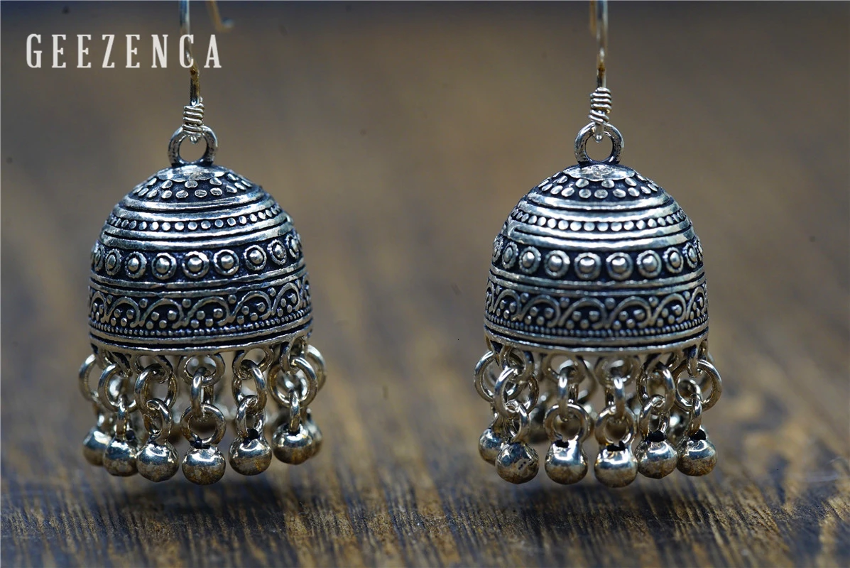 GEEZENCA 925 Sterling Silver Earrings for Women Indian Small Bells Beads Drop Earrings Ethnic Vintage Jewelry Party Gift