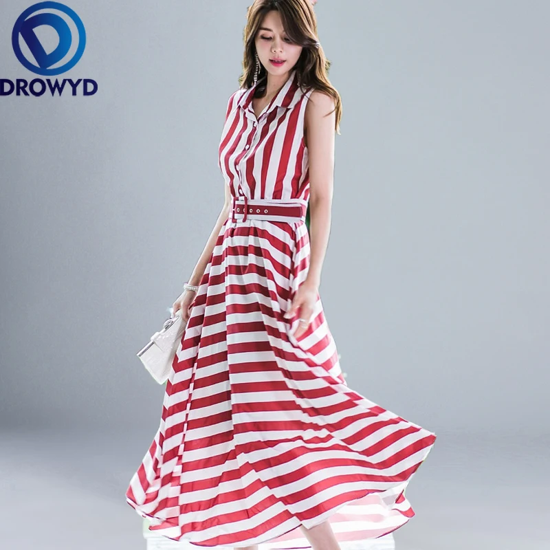 

Summer Sexy Midi Dress Women 2020 New Fashion Sleeveless A-line Red Striped Print Boho Beach Hot Elegant Party Dresses Vestidos