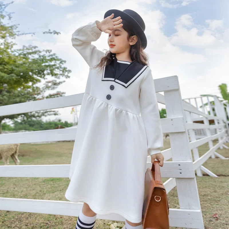 

6 To 16 Years, Kids Sweatshirt 2021 New Girls Dress Two Colors Patchwork Preppy Styles Children Spring Clothes,#6019