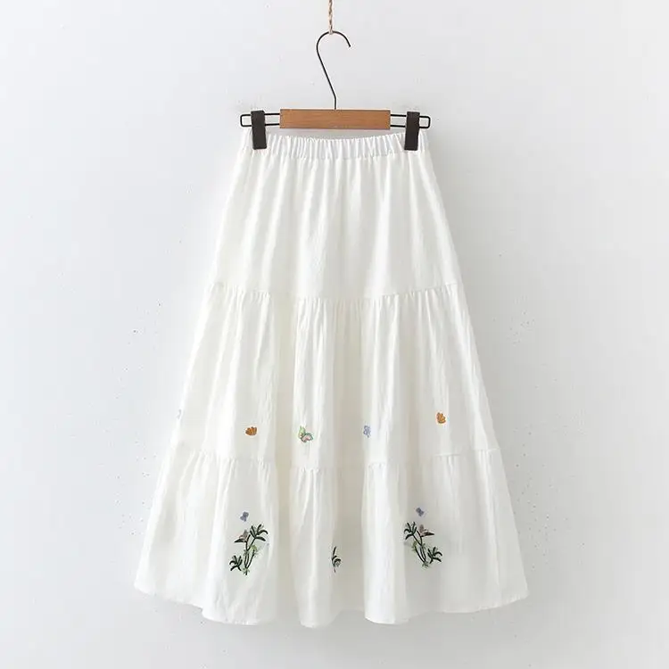 

2021 New Arrival Summer Women Loose Casual Elastic Waist Floral Embroidery Skirt Sweet Cute Cotton Linen A-line Skirts W486