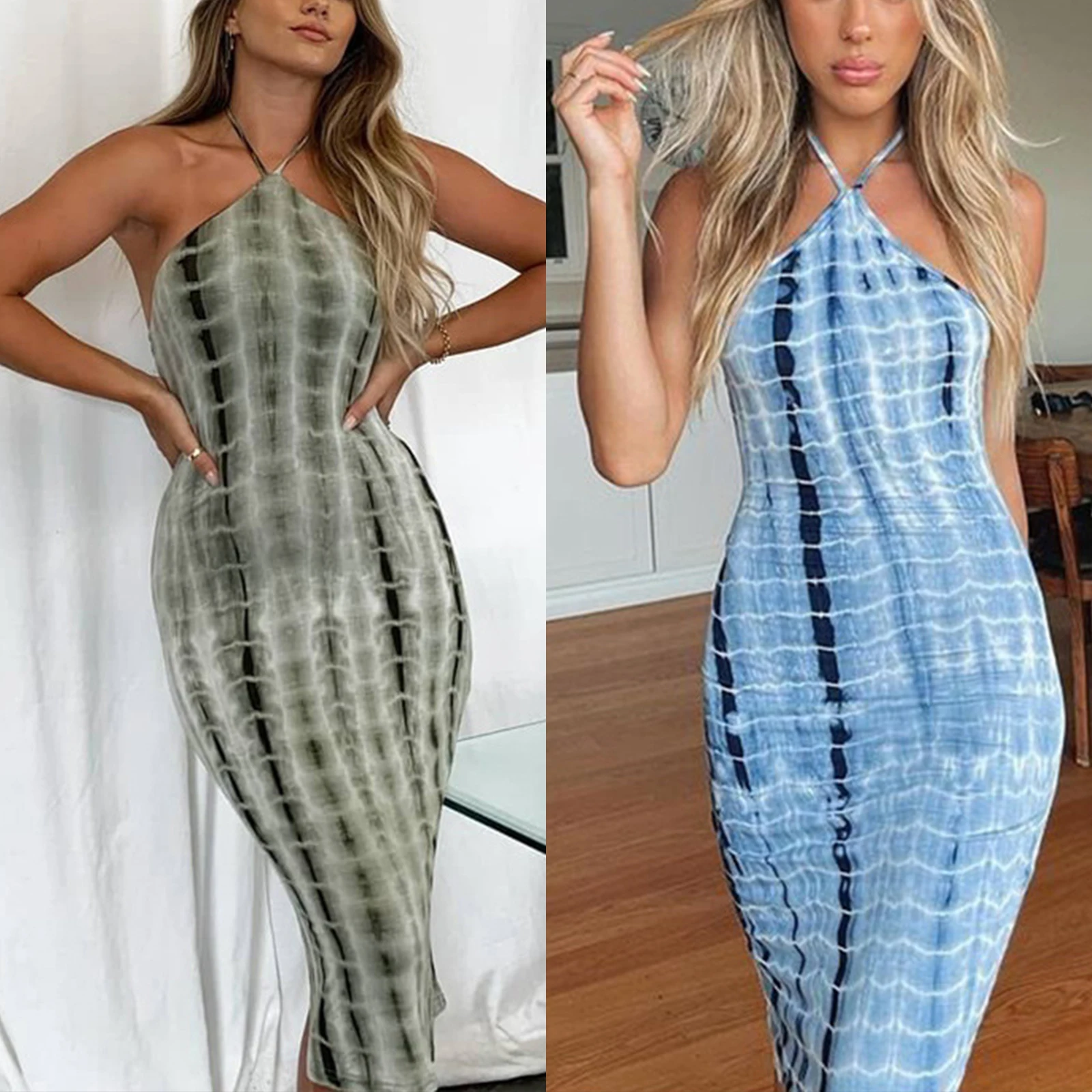 

Women’s Sexy Lace-up Halter Skinny Dress Summer Fashion Tie-dye Printed Backless Long Dress