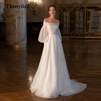 thinyfull boho wedding dresses strapless long puffy sleeves beach shiny sequines a line princess bridal party gowns robe mariage