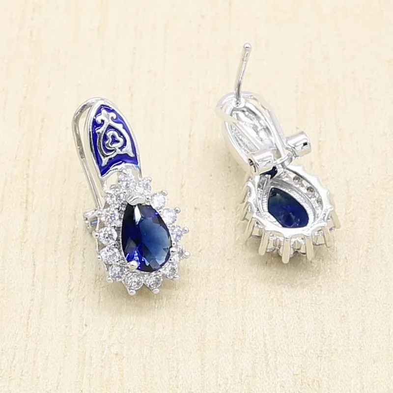 Серебряный набор украшений для женщин темно-синий циркон браслет серьги-кольца