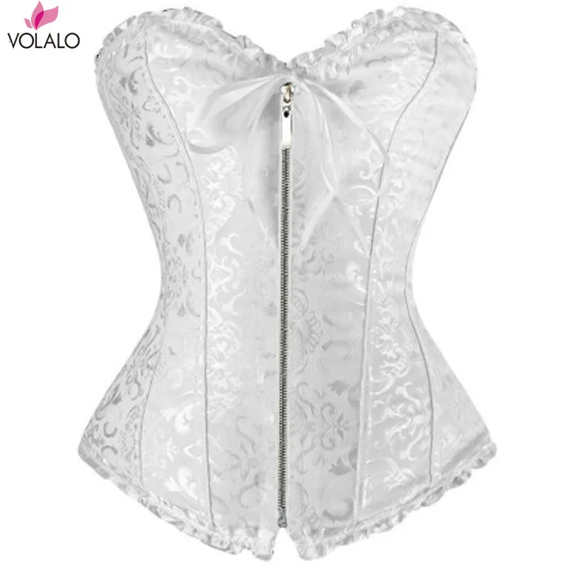 

2019 New Women Front Overbust Zip Corset Jacquard Floral Lace Up Boned Shaperwear Fashion Steampunk Bustiers Gothic Clubwear