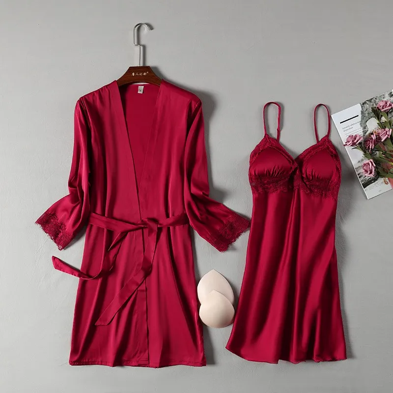 

2PCS Wedding Sexy Sleepwear Robe Sets Women Lace Kimono Gown Satin Nightdress Nighty&Robe Suit Perspective Intimate Lingerie