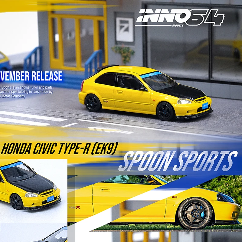 

Модель автомобиля INNO 1:64 HONDA CIVIC Type-R EK9 из сплава, литье под давлением, желтое транспортное средство, настроенное «ложкой Спорт»