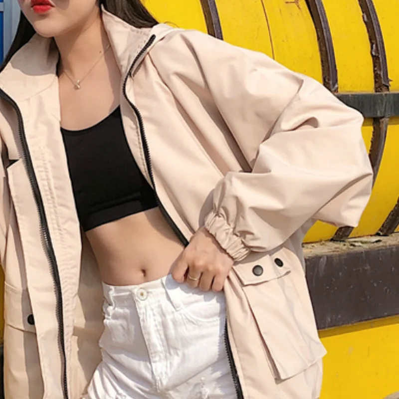 

Jackets Women Korean Style Trendy Loose Autumn Pocket Letter Chic Harajuku Ladies Outwear Casual Hooded Clothing All-match Newly