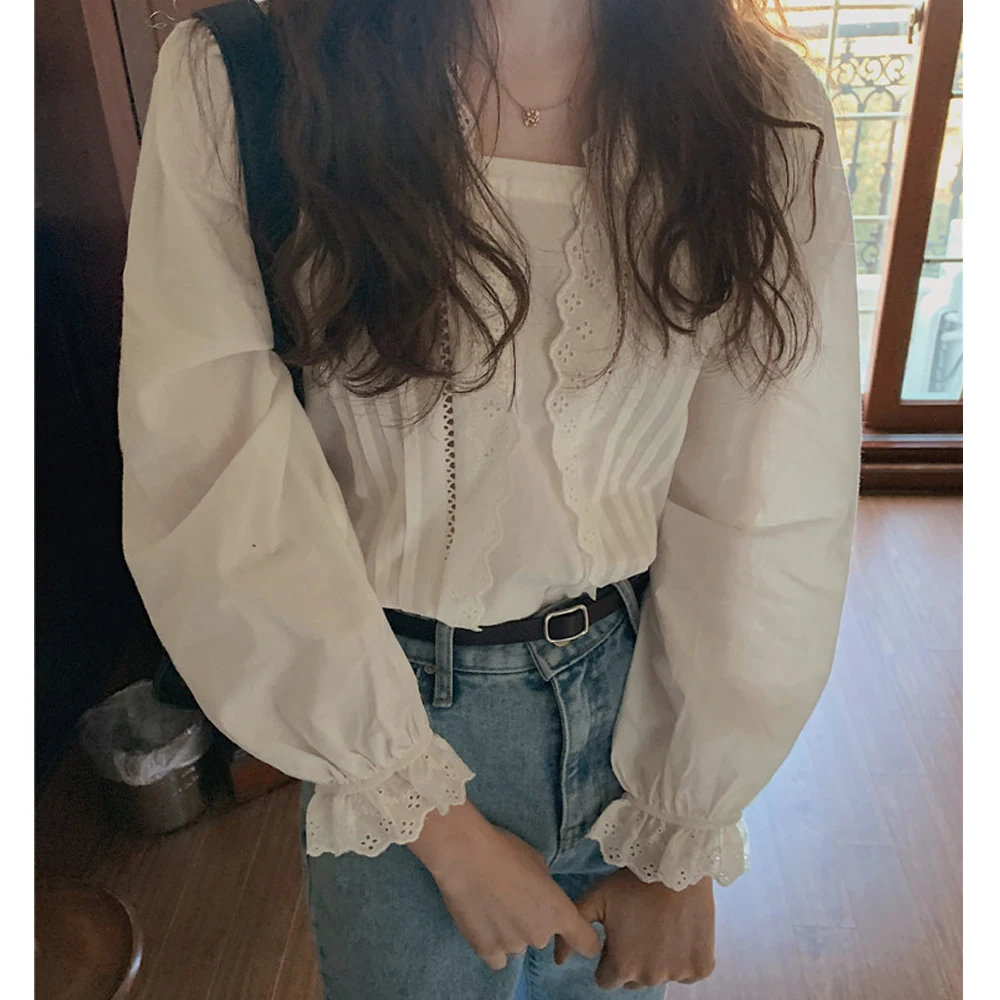 

Elegant Lace Patchwork Hook Flower Blouse Women V Neck Pullover Long Sleeve Solid Blusas Spring 2021 New Slim Shirt Femme