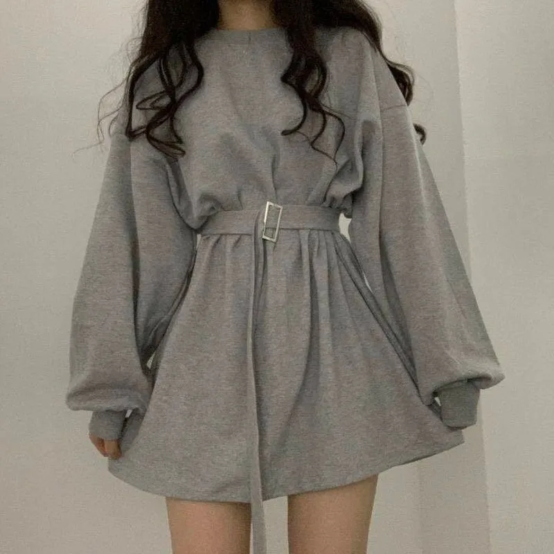 

QWEEK Casual Gray Streetwear Sweatshirt Women Spring Autumn 2021 Korean Fashion Long Sleeve Loose Slim Gothic Goth Top Belt