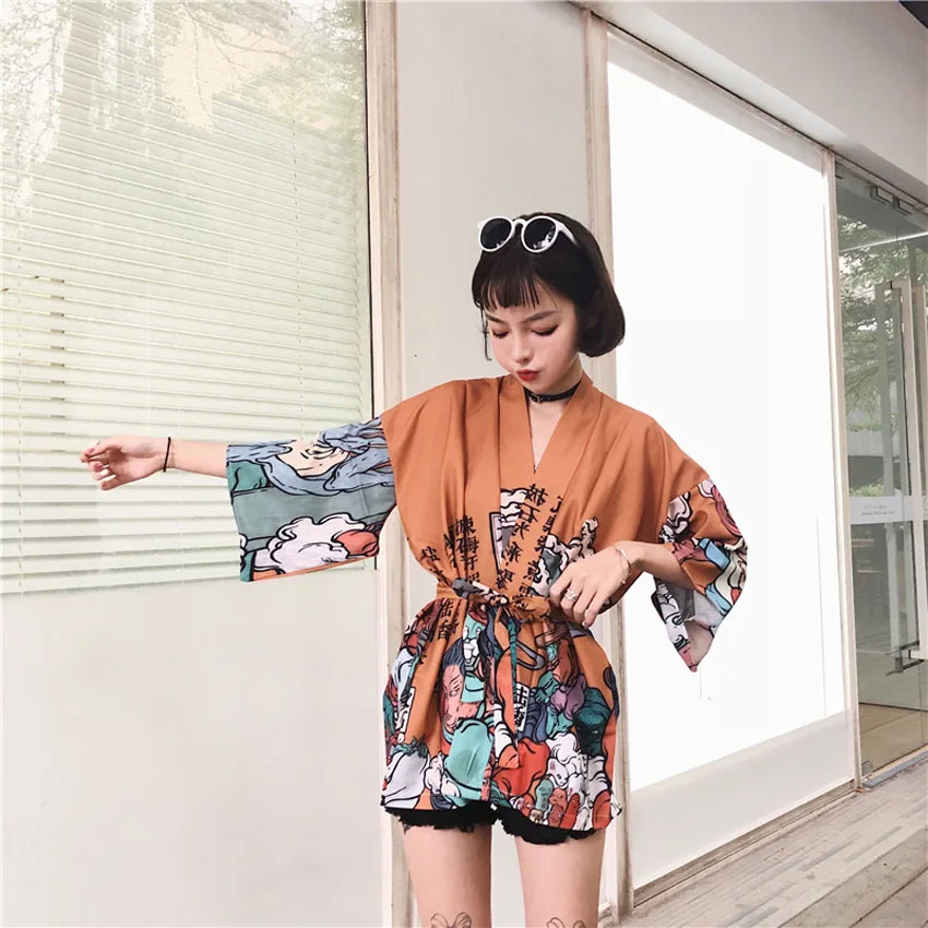 

Japanese Style Womans Kimono Korean Cardigan Beach Wear Yukata Haori Summer Girl Cosplay Jackets Thin Fashion Outfits