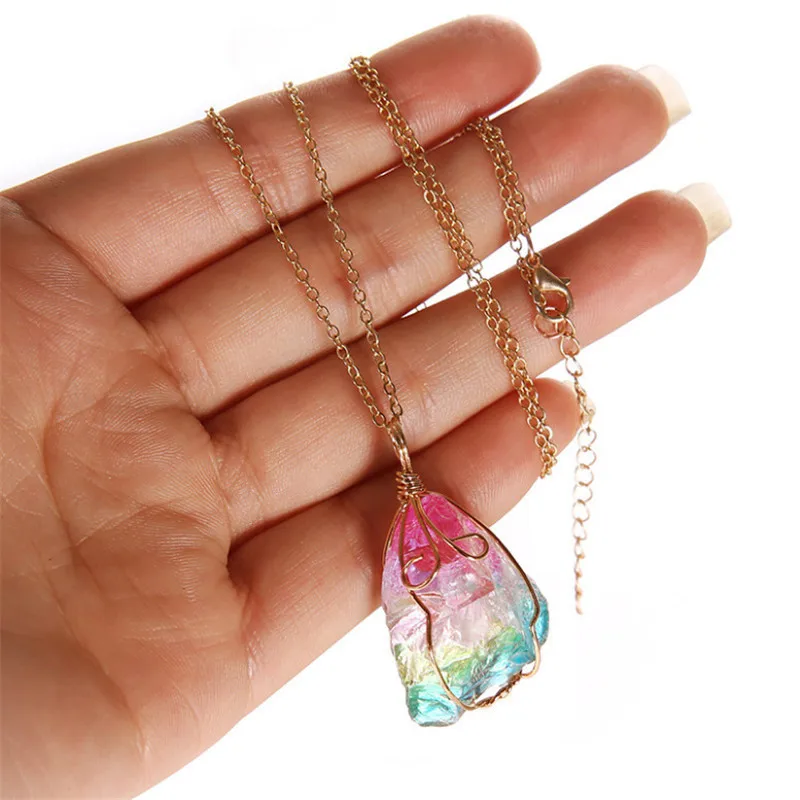 

2021 Women Natural Rough Stone Winding Crystal Pendant Necklace Jewelry