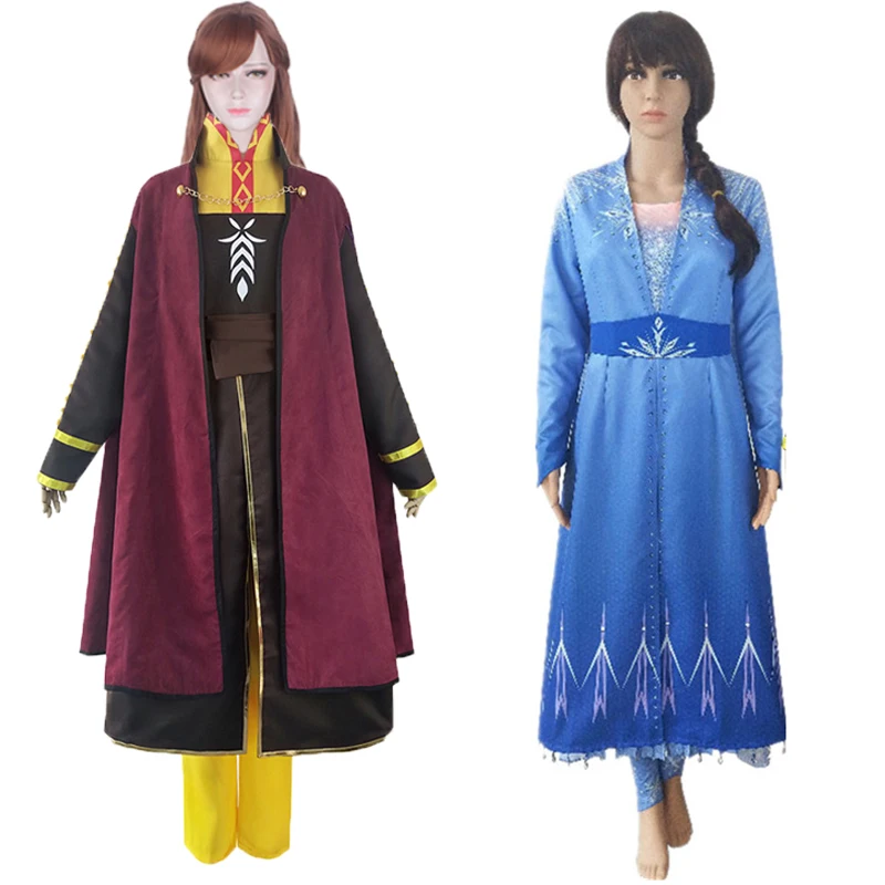 Костюм принцессы Эльзы для косплея синее платье Анны брюки парик из волос на