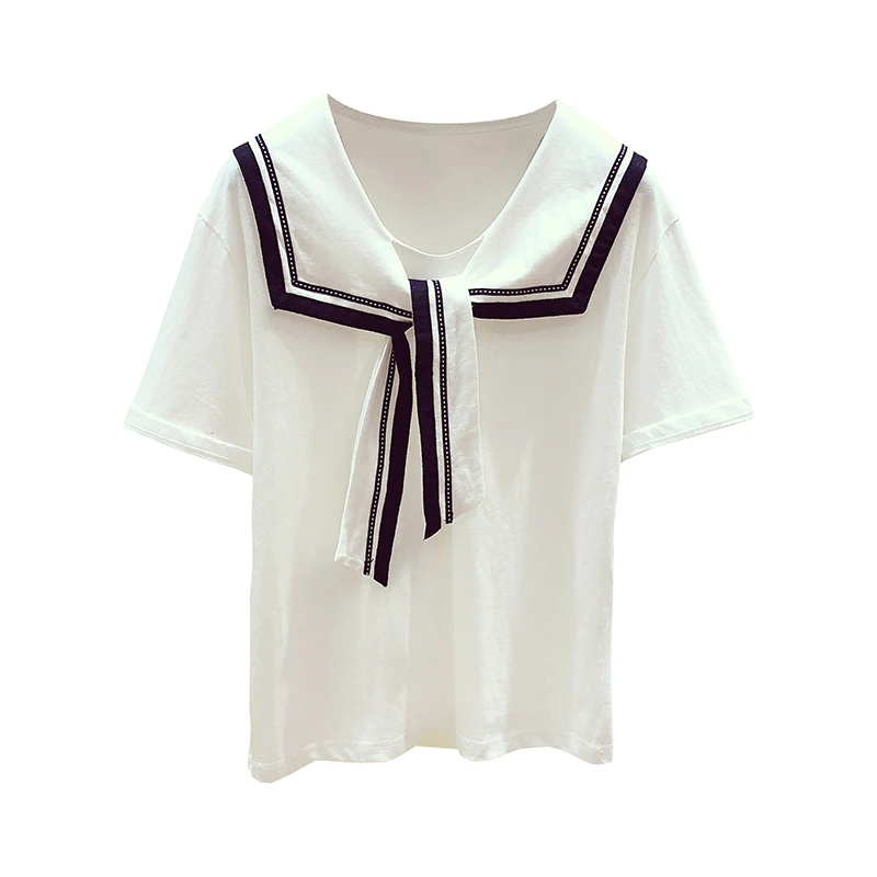 

2020 Summer College Wind Sailor Collar Short Sleeve T-shirt Female Casual Tops Girls Ladies White T Shirt Top Nancylim