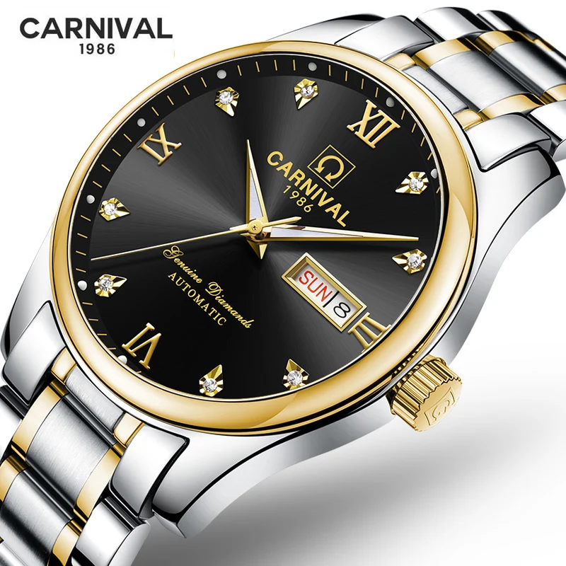 Enlarge CARNIVAL Fashion Business New Men's Calendar Week Display Luminous Diamond Mechanical Watches Fully Automatic Wristwatches 8671G