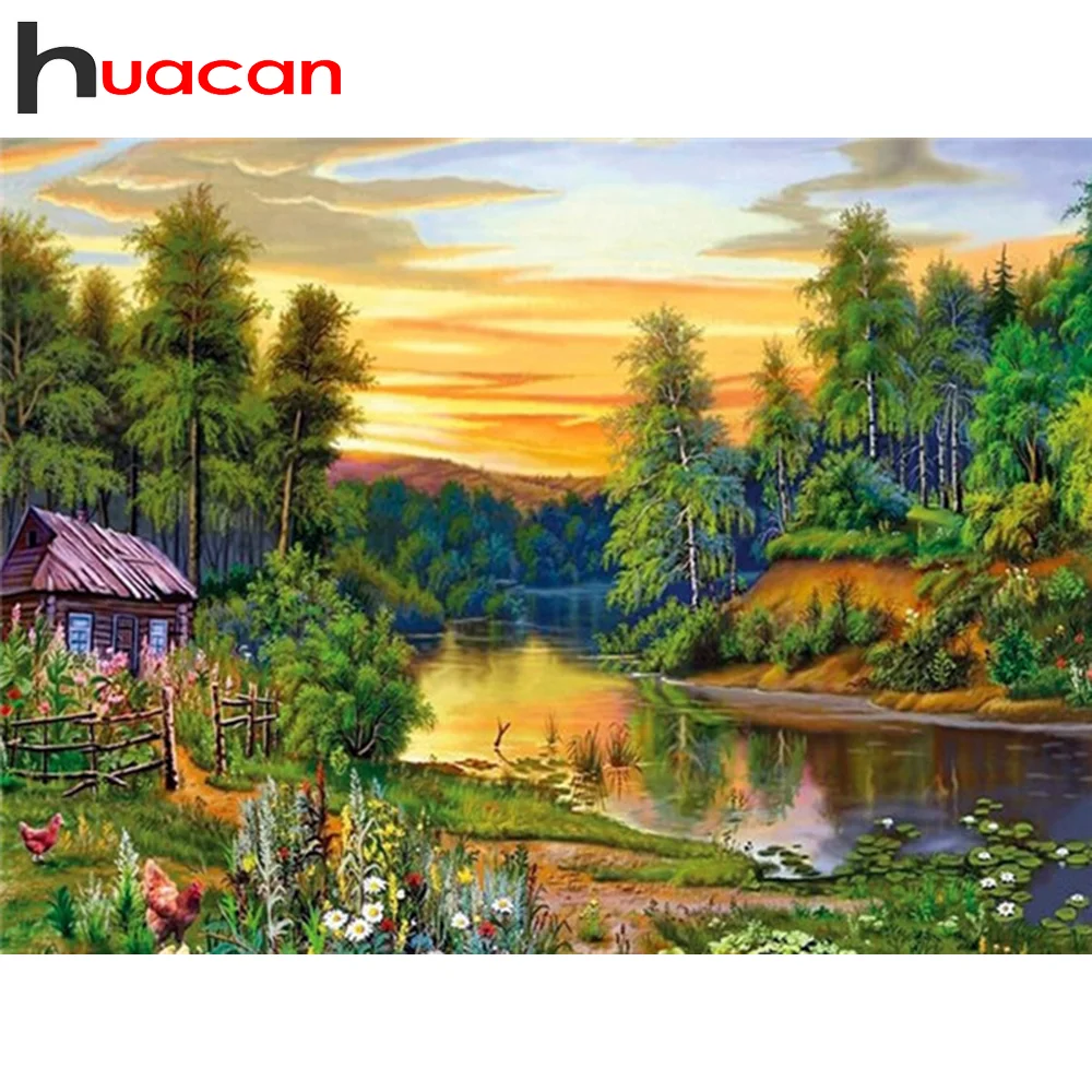 

Алмазная 5D картина Huacan, картина с рекой, полная выкладка, мозаика, наборы для вышивки крестиком, ландшафтный подарок ручной работы