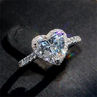 new luxury heart shaped crystal ring fashion shiny silver wedding engagement bride jewelry cubic zircon elegant ring adjustable