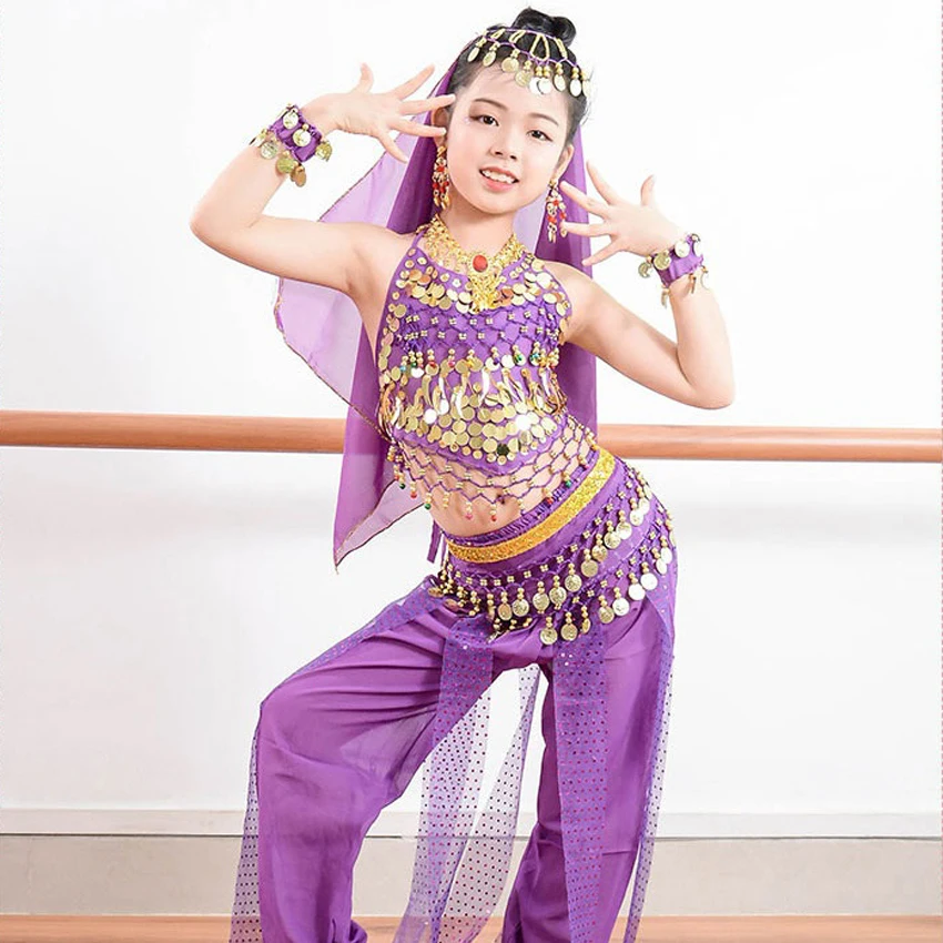 Детский костюм для танца живота с блестками комплект одежды выступлений из майки