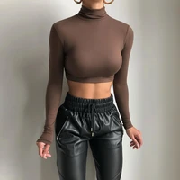 trendy women t shirt sexy crop tops turtleneck solid color long sleeve slim fit tee top female pullover 2021