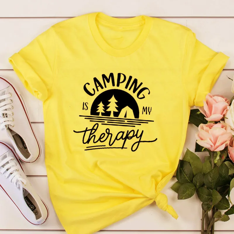 

100% Cotton Women T Shirt Camping Is My Therapy Printed Tshirt Ladies Short Sleeve Tee Shirt Women Female Tops Clothes Camisetas