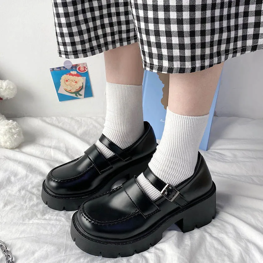

Women Student Shoes Japanese Style Ankle Strap Round Toe High Heels Platform Leather Shoes Cute Lolita JK Girls Mary Jane Shoes