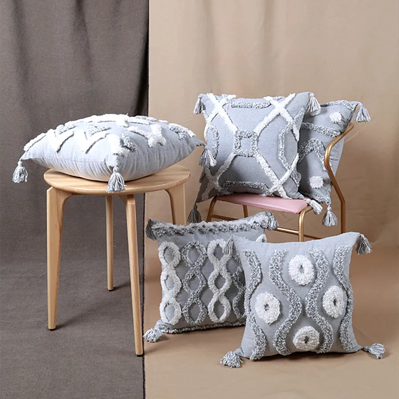 

Grey Geometric Embroidery Cushion Cover Tassels Home Decor Pillow Cover 45x45cm Sofa PillowCase Pillow Sham