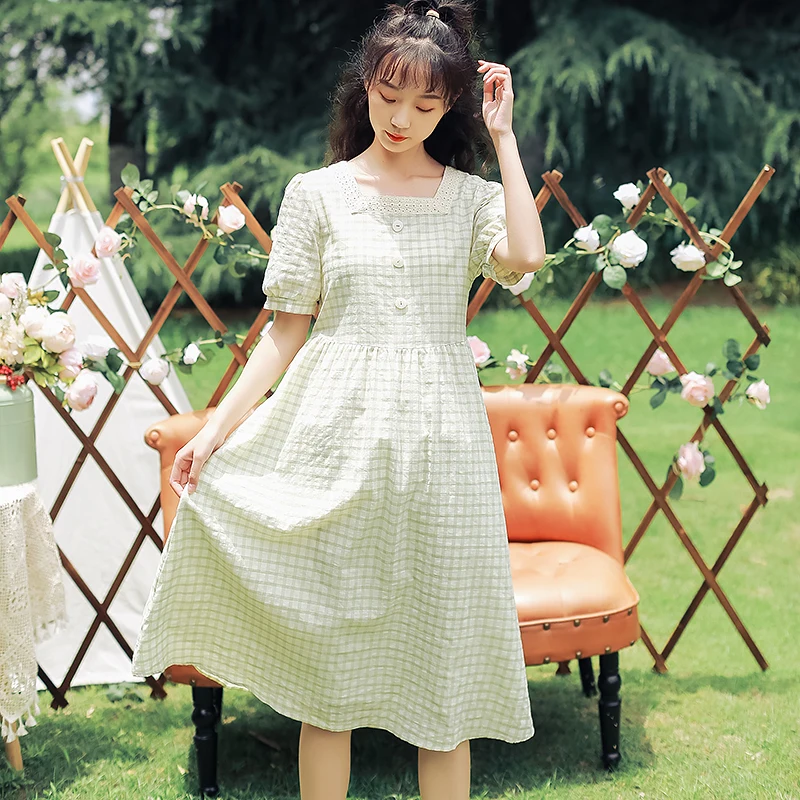 

Mori Girl Dress Plaid Korean Retro Style Dress Women Vintage Square Neck Dresses Elegant Short Sleeve Waist Show Thin Clothes