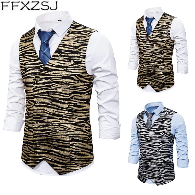 

FFXZSJ Brand Men's new fashion leisure business fishing vest tiger print gilt printed dress for European and American sizes XXL
