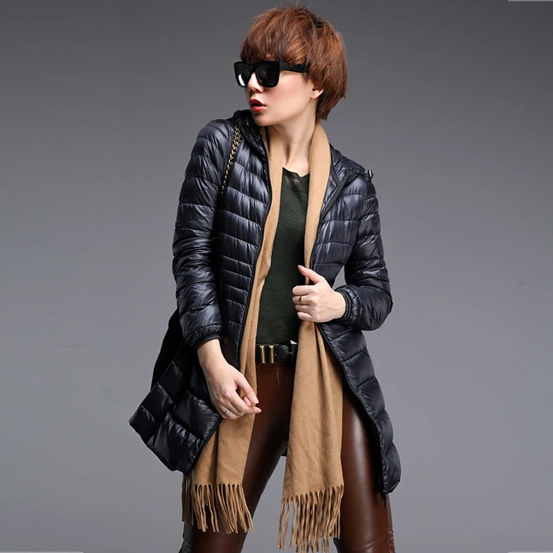 

Ultra-light Plus Size Thin Down Jacket Women Tide Autumn Winter Slim Long Hooded Warm White Duck Down Coat Women's Outerwear