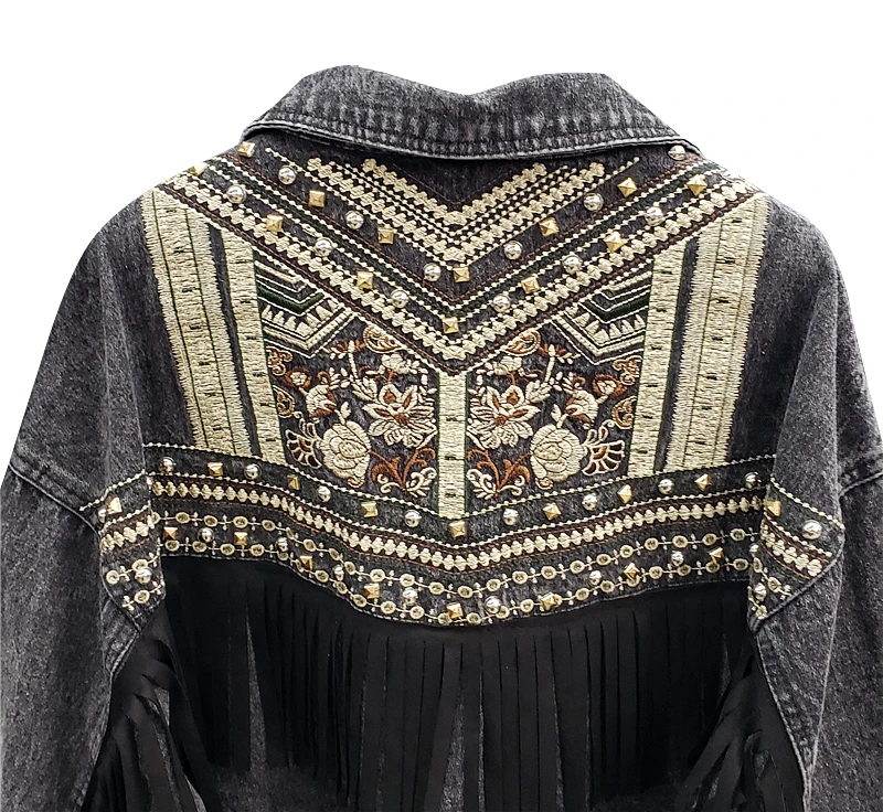 Женская джинсовая куртка с длинным рукавом цветочной вышивкой | одежда