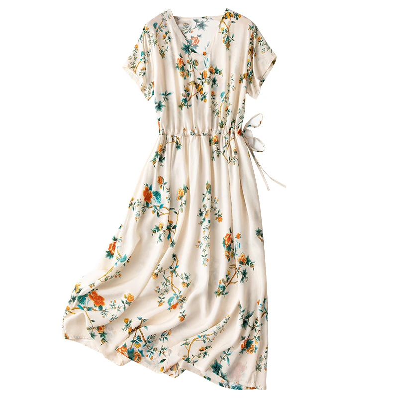 

Women's 100% Silk luxury Fashion Heavy Long Dress Half Sleeve Elegant V-Neck Fashion Beige Flower One Size L1189