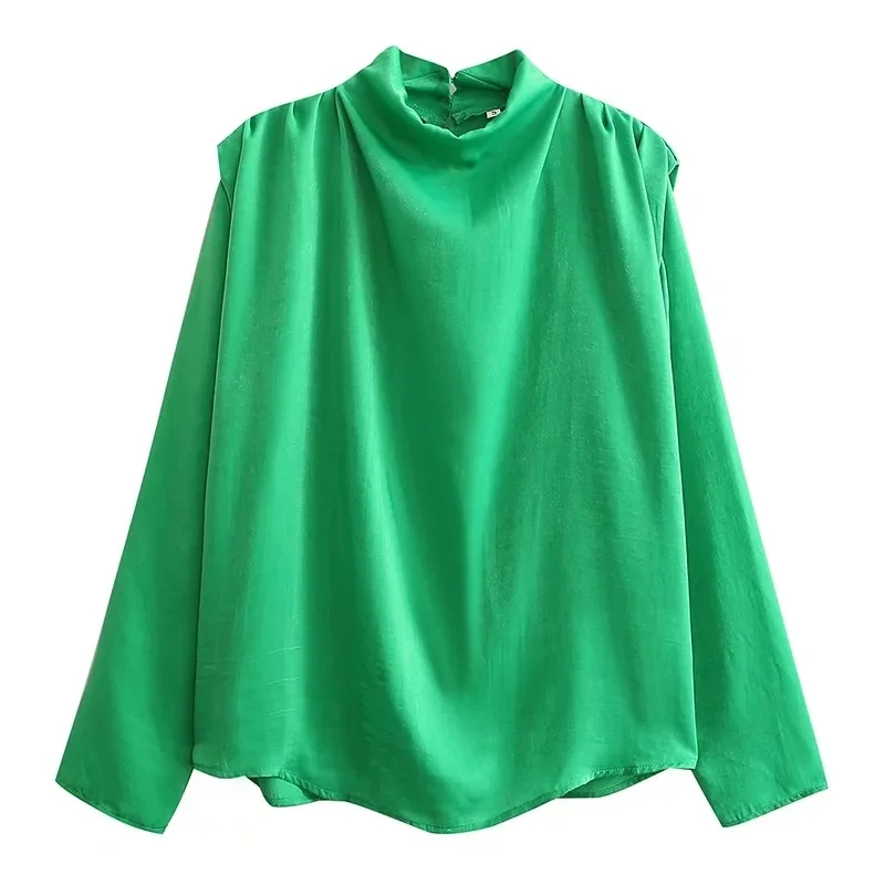 

Stylish Green Solid Summer Women Blouse Long Sleeve for Spring Autumn Thin Casual High Street Pullover Shirt Chic Tops