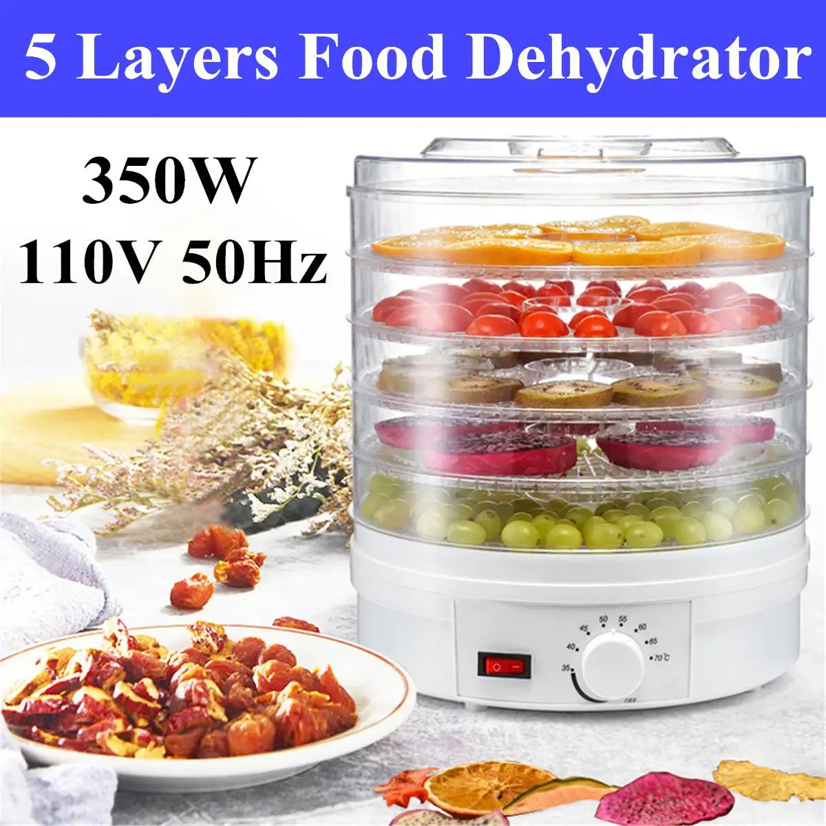 

350W 5 Trays Household Food Dehydrator Stainless Steel Snacks Fruit Dryer Machine For Vegetables Dried Fruit Meat Drying EU