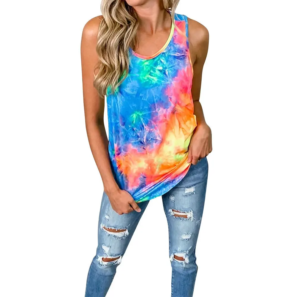 

2021 T-shirt Tie-dye Women Sexy Tops Tshirts Sleeveless Shirt Top Fashion V-neck Backless Tank Clothes Camiseta Feminina