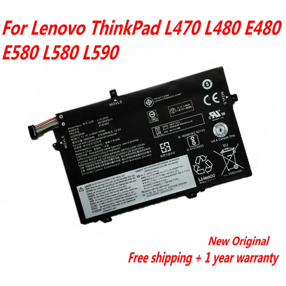

Genuine L17L3P52 01AV463 L17M3P53 Laptop Battery For Lenovo ThinkPad L470 L480 E480 E580 L580 L590 11.1V 4050mAh/45Wh