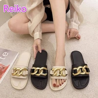 za women shoe shoes black charm flat sandal slippers fashion open toe golden chain outer wear one word sandals travel summer