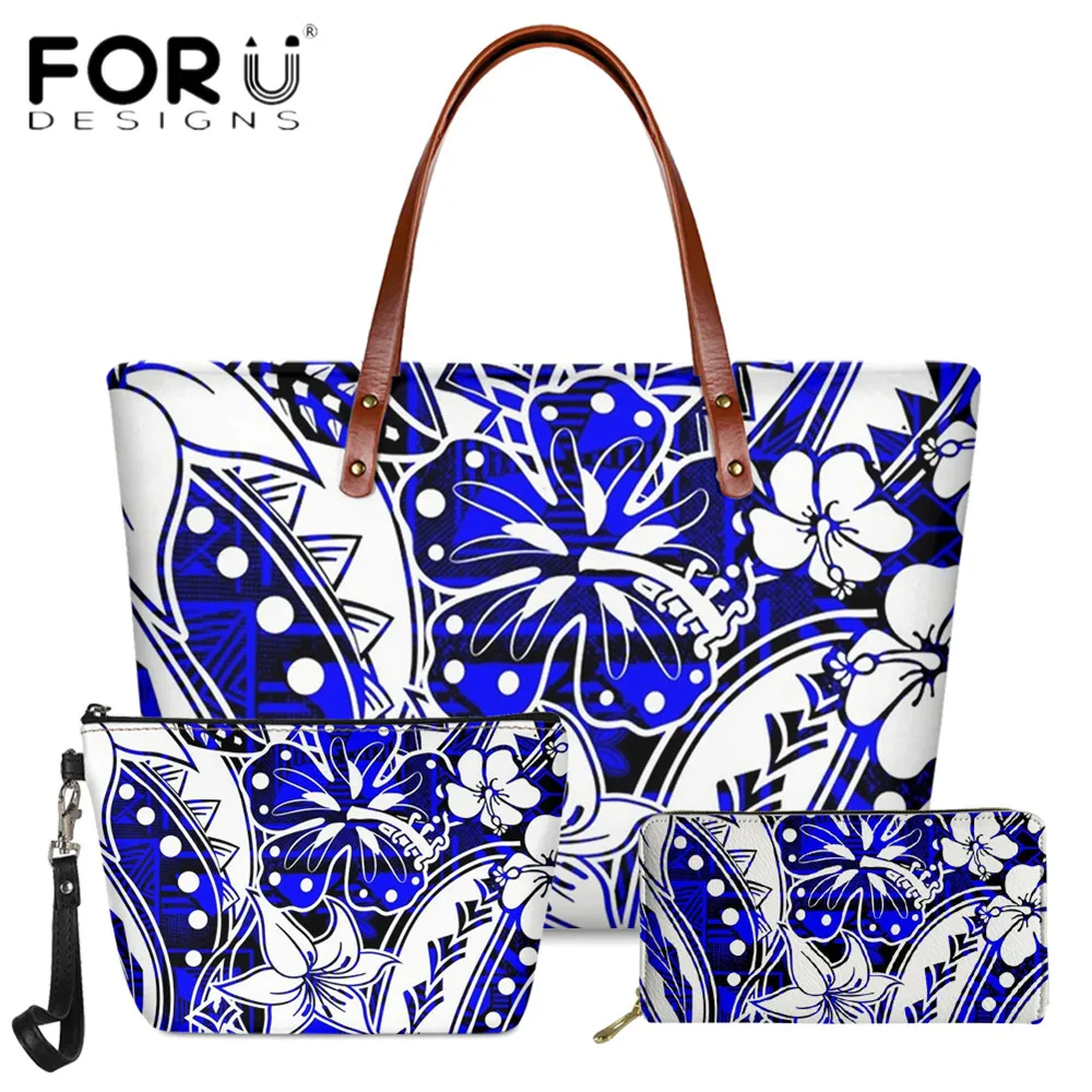 

FORUDESIGNS Hawaiian Midnight Blue Tribe Printed Women Handbag 3pcs Set Female Luxury Shoulder Sac And Leather Purse Bolsa Mujer